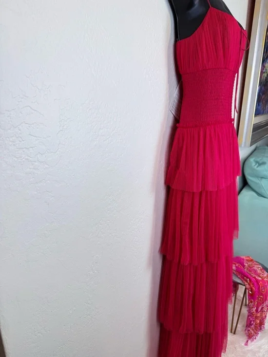 NWT ML Monique Lhuillier Tiered Tulle Maxi Dress Cherry Pink Size 8 - Picture 6 of 14